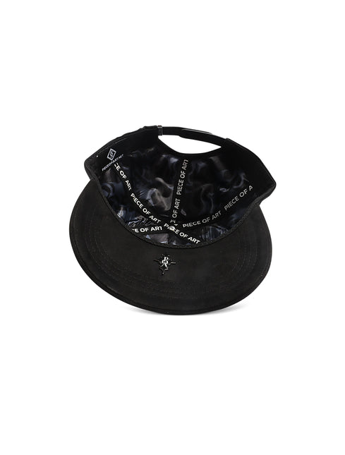 Piece of Art LA black suede snapback hat featuring a patterned satin lining with printed text and a metallic logo pin.