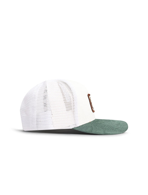 Drunk & Rich trucker hat featuring a white mesh back, white front panel, and a sage green textured suede brim.