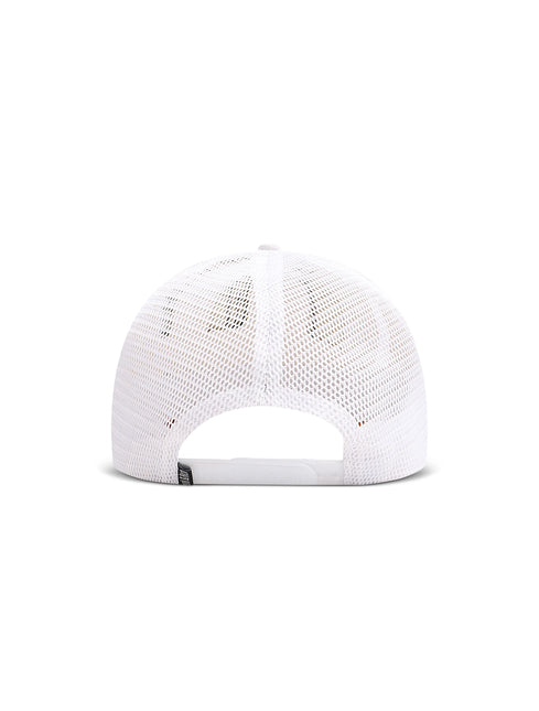 Back view of a white Drunk & Rich trucker hat featuring a breathable mesh back panel and a classic snapback closure.