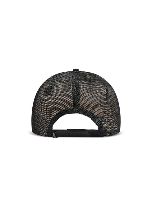 Black trucker-style cap shown from the back, featuring a black mesh back and an adjustable black fabric strap.