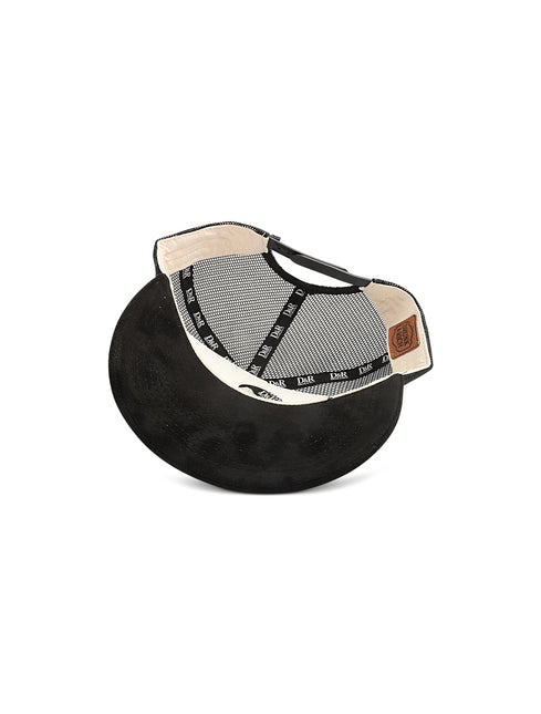 Drunk & Rich trucker hat featuring a black suede brim, cream fabric interior lining, and a black mesh back panel.