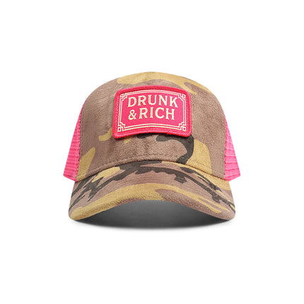 Drunk & Rich Suede Trucker Hat - Camo/Pink