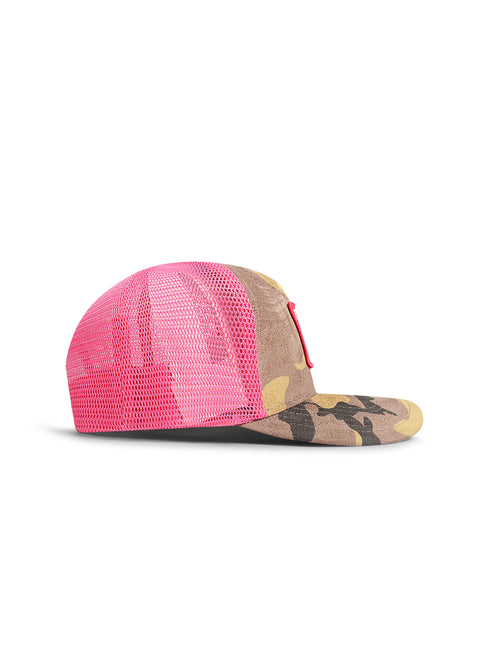 Drunk & Rich trucker hat featuring a vibrant pink mesh back and a tan camouflage front with a soft suede-like texture.