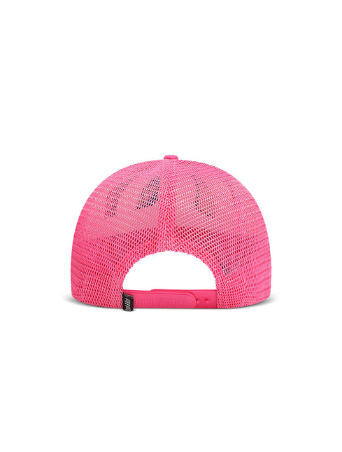 Back view of a vibrant pink Drunk & Rich trucker hat with breathable mesh panels and an adjustable snapback closure.