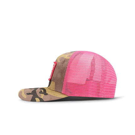 Drunk & Rich Suede Trucker Hat - Camo/Pink