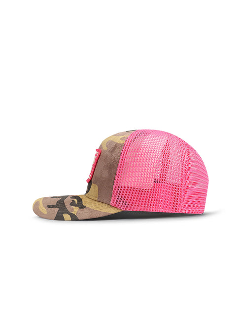 Drunk & Rich trucker hat featuring a camo suede front panel and a bright pink mesh back, viewed from the side profile.