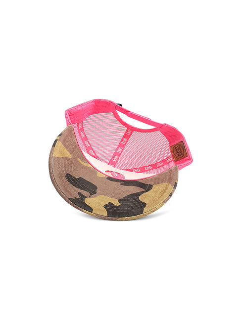 A camouflage baseball cap with a bright pink mesh back and pink adjustable strap, shown on a plain white background.