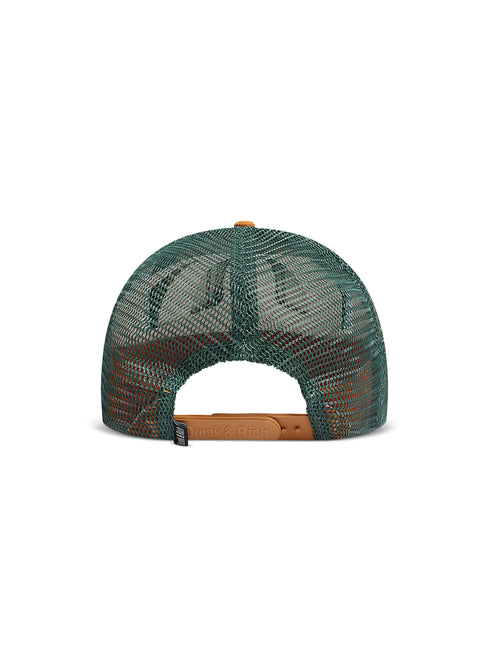 Back view of a trucker hat with a green mesh back, brown leather strap, and a small orange button on a white background.