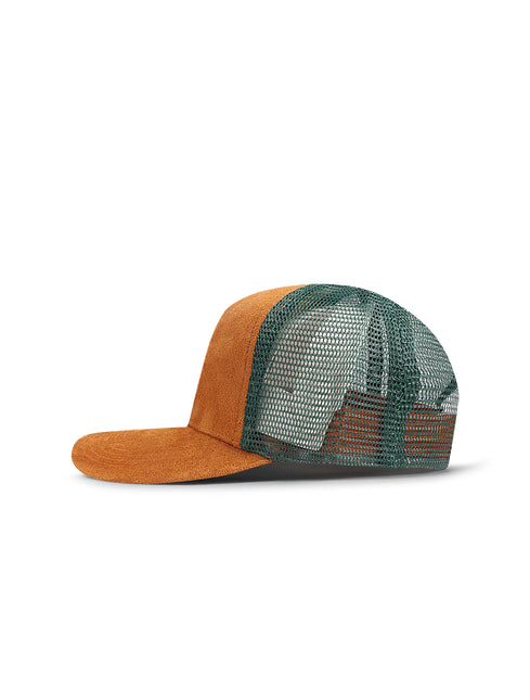 Drunk & Rich trucker hat featuring a brown suede front panel and brim with a contrasting dark green mesh back.