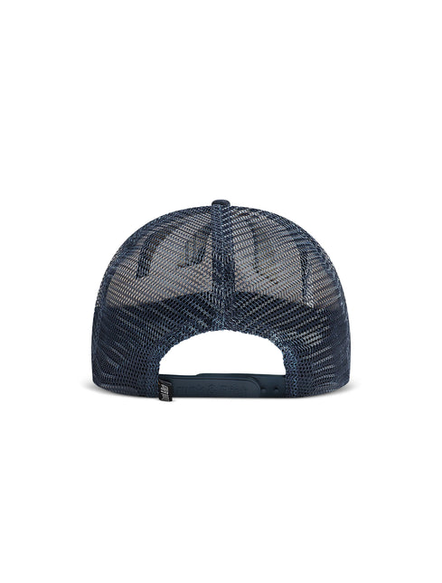 A rear view of a navy blue trucker hat with a mesh back and an adjustable snap closure, shown on a plain white background.
