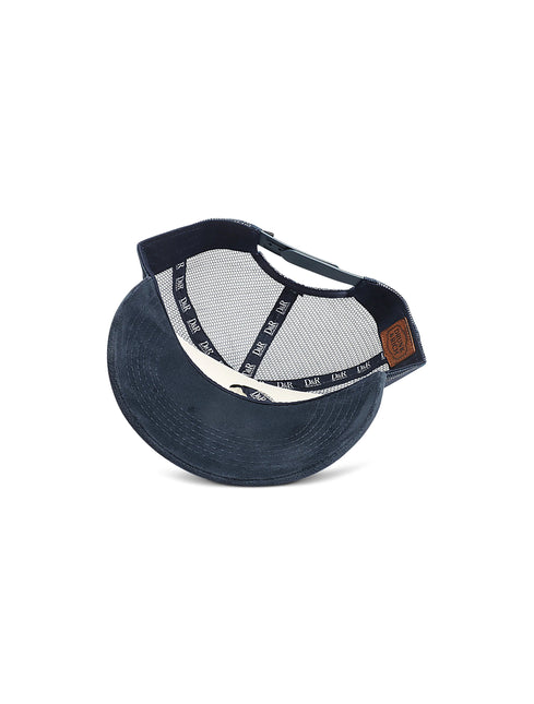 Drunk & Rich navy suede trucker hat seen from behind with cream mesh panels, white interior branding, and leather tag.