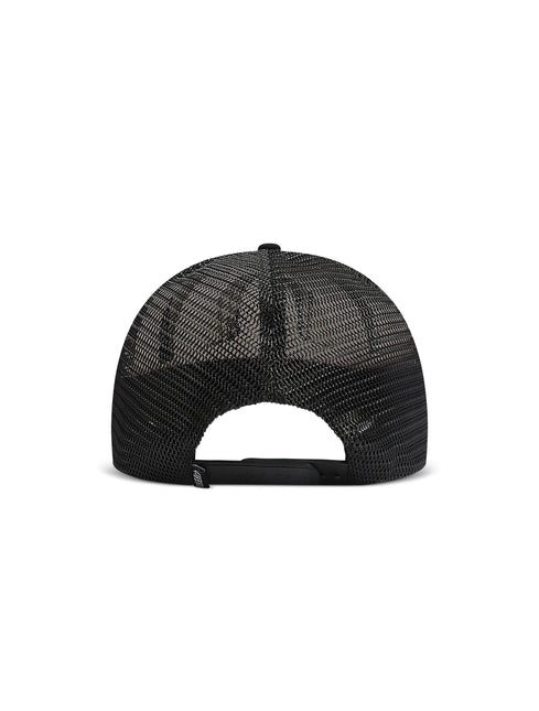 Black trucker-style mesh cap shown from the back on a plain white background.