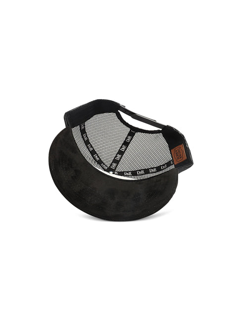 Underneath view of a black Drunk & Rich trucker hat with a soft suede brim, mesh back, and brown leather logo patch.