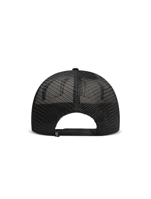 Black Drunk & Rich trucker hat rear view, featuring a breathable mesh back, solid fabric front, and snap closure.