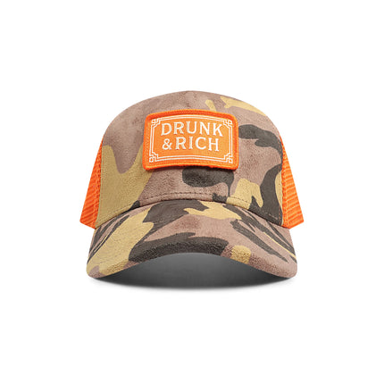 Drunk & Rich Suede Trucker Hat - Camo/Orange