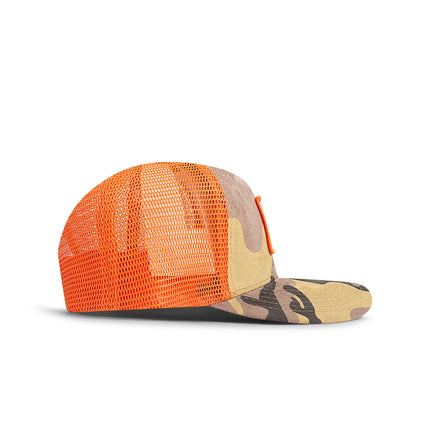 Drunk & Rich Suede Trucker Hat - Camo/Orange