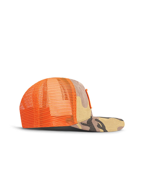 Drunk & Rich trucker hat featuring a tan, brown, and black camo suede front panel with a vibrant orange mesh back.
