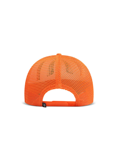 Rear view of a bright orange Drunk & Rich trucker hat with a breathable mesh back and adjustable snapback closure.