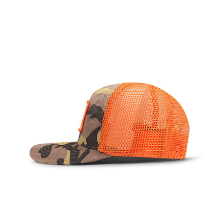 Drunk & Rich Suede Trucker Hat - Camo/Orange