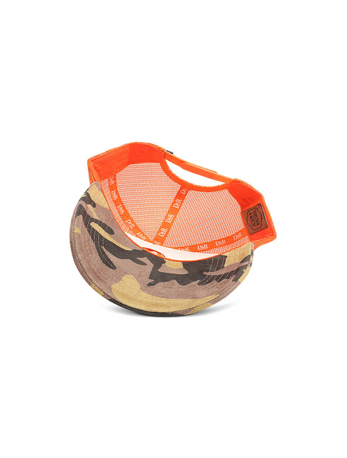 Interior view of a Drunk & Rich suede trucker hat featuring a camo brim and a vibrant orange mesh back with logo tape.