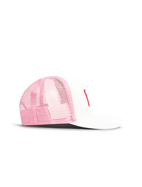 A pink and white trucker-style baseball cap shown from a side profile view against a clean white background.