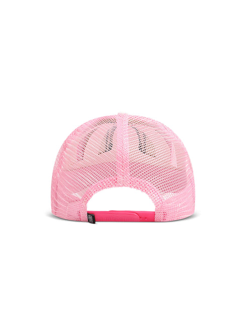 Drunk & Rich trucker hat in light pink mesh viewed from the back with a bright pink adjustable snapback strap.