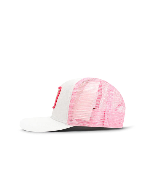 Drunk & Rich trucker hat in white suede with a structured front, curved brim, and vibrant pink breathable mesh back.