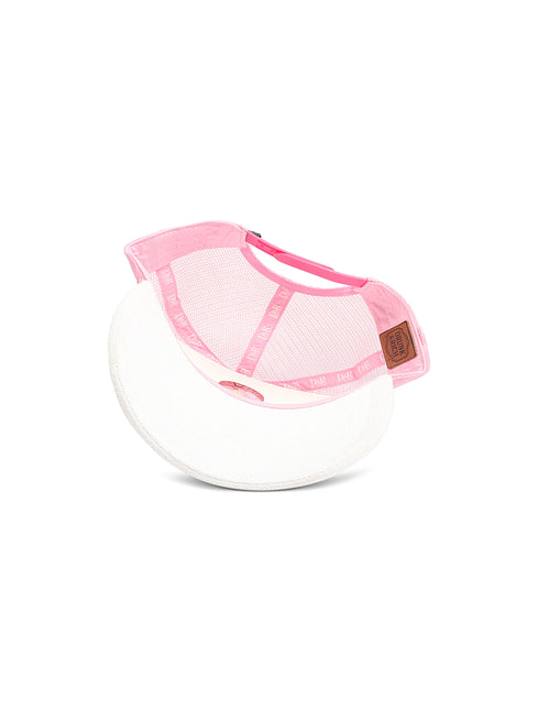 A white curved neck pillow with a pink mesh insert and a small brown leather brand patch, shown on a clean white background.