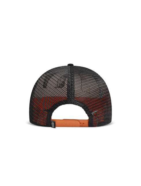 Rear view of a Drunk & Rich trucker hat featuring black mesh panels, an orange suede brim, and an orange snapback.