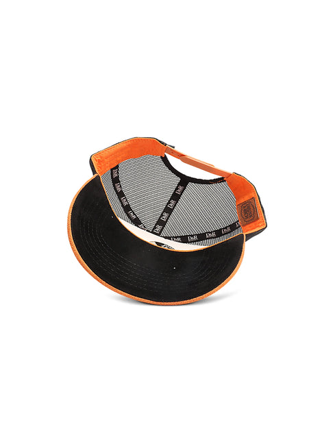 A black visor-style cap with bright orange trim and a black mesh back, shown from an overhead angle on a white background.
