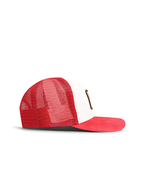 Drunk & Rich trucker hat in white and burgundy featuring a suede brim, mesh back, and brown logo patch on the side.