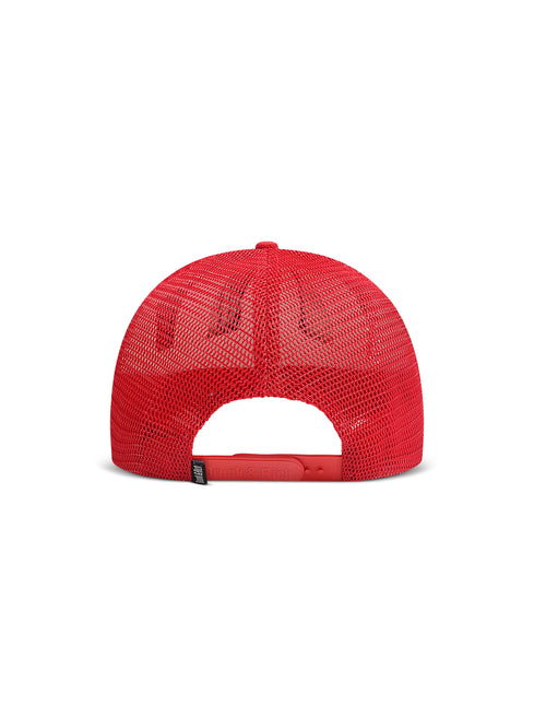 Back view of a red Drunk & Rich trucker hat featuring a breathable mesh rear, fabric crown, and adjustable snap strap.