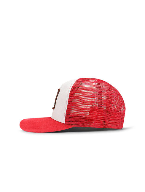 Side profile of a white and burgundy Drunk and Rich suede trucker hat featuring a mesh back and curved red visor.