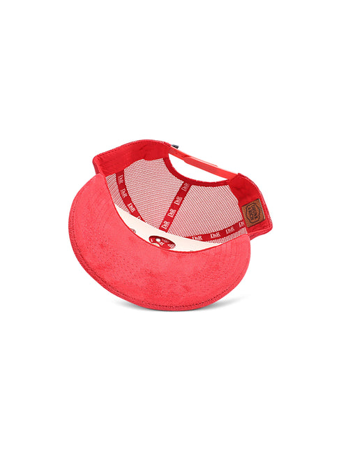 Drunk & Rich trucker hat in vibrant burgundy suede with a matching red mesh back, adjustable strap, and side patch.