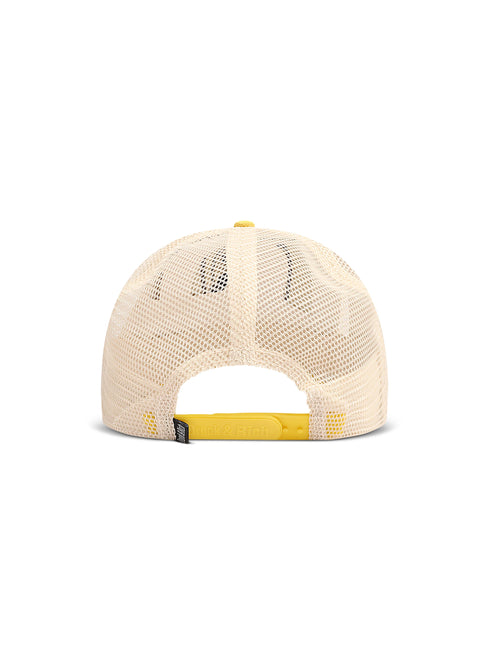 Back view of a trucker-style baseball cap with a cream-colored mesh back and a bright yellow adjustable strap and button.