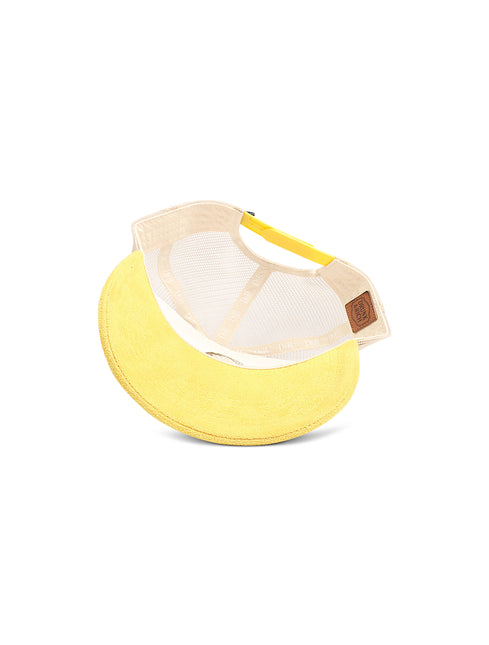 A yellow visor hat with a cream mesh back and a small brown leather patch on the side, shown on a plain white background.