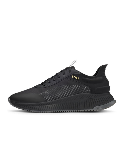 Boss Titanium Runn RSMH black sneakers featuring a sleek synthetic mesh upper, gold branding, and a ribbed sole.