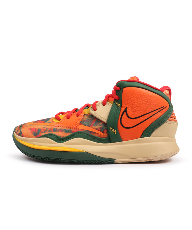 Nike Kyrie Infinity 1 World 1 People sneaker featuring an orange and green patterned upper with tan leather accents.