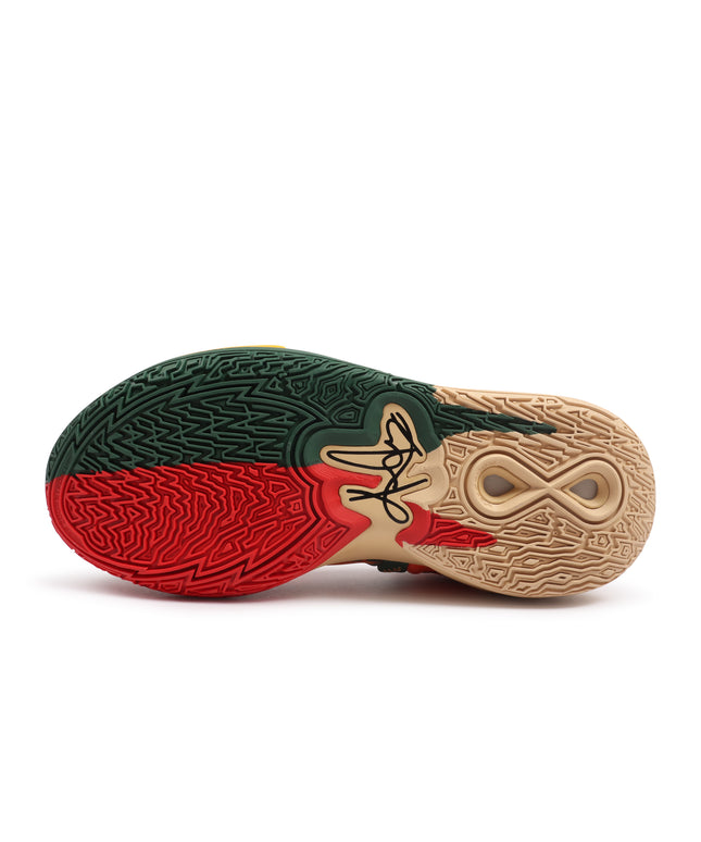 Bottom view of Nike Kyrie Infinity 1 World 1 People shoe with green, red, and tan patterned rubber traction outsole.