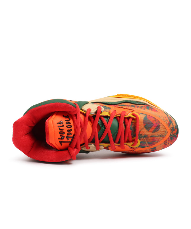 Nike Kyrie Infinity 1 World 1 People sneaker in vibrant orange, red, and green tones with a textured knit fabric upper.