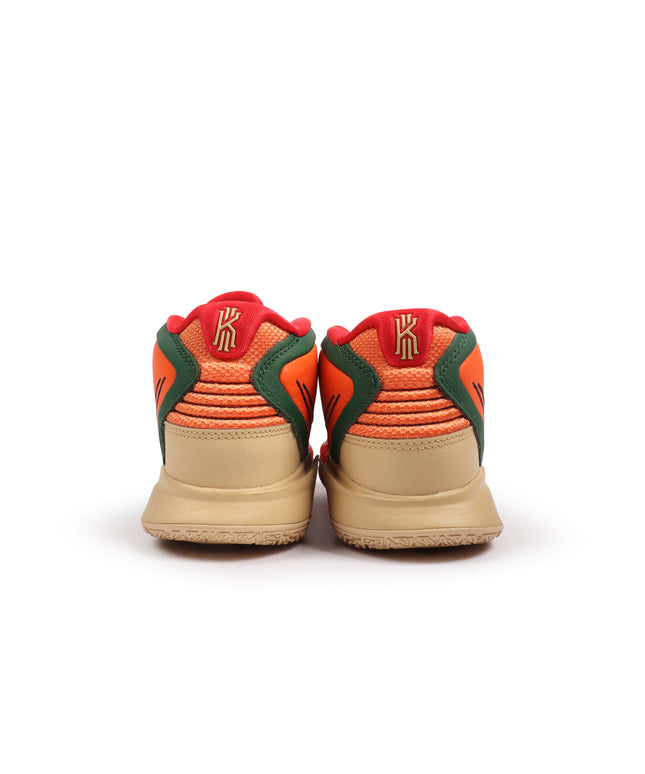 Rear view of Nike Kyrie Infinity 1 World, 1 People sneakers in orange, green, and tan with textured mesh and gold logos.