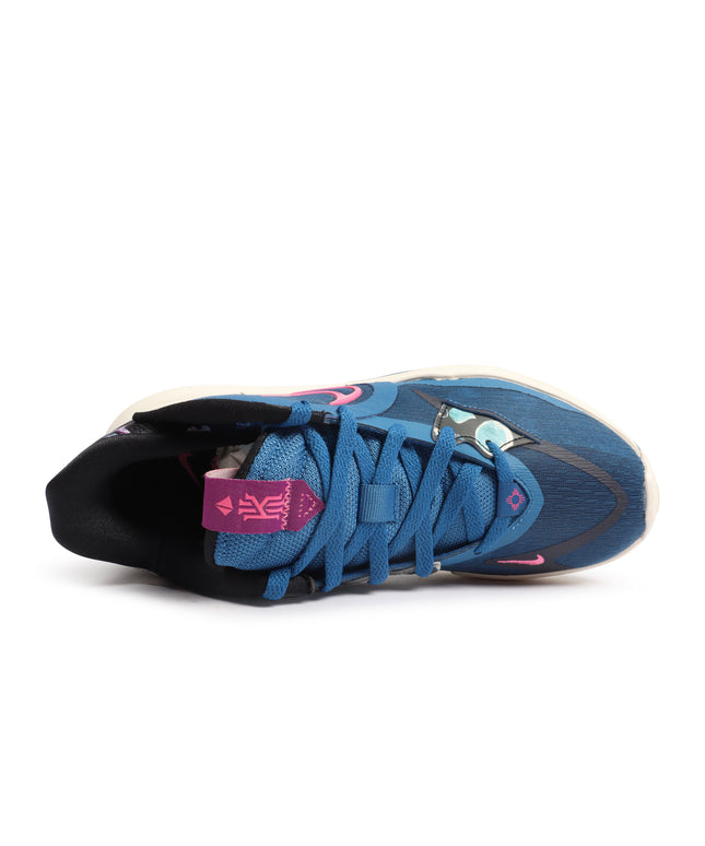 Nike Kyrie 5 sneaker in marina blue mesh featuring a purple tongue patch with logo and pink accents on a white sole.