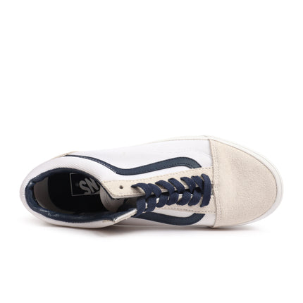 Vans Old Skool men’s low-top sneaker in white canvas with a cream suede toe cap, navy laces, and navy side stripes.