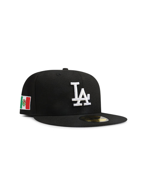Black New Era 5950 LA Dodgers fitted hat with a structured crown, white embroidered LA logo, and Mexico flag side patch.