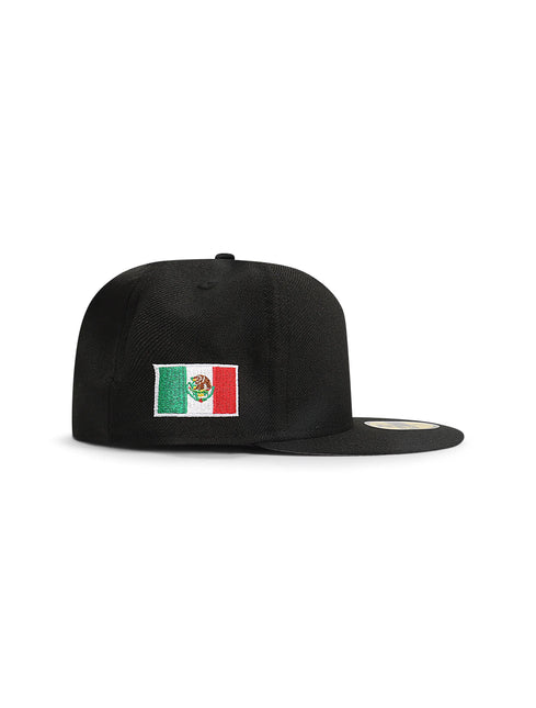 New Era 5950 LA Dodgers Mexico fitted hat in black structured fabric featuring a centered embroidered Mexican flag.