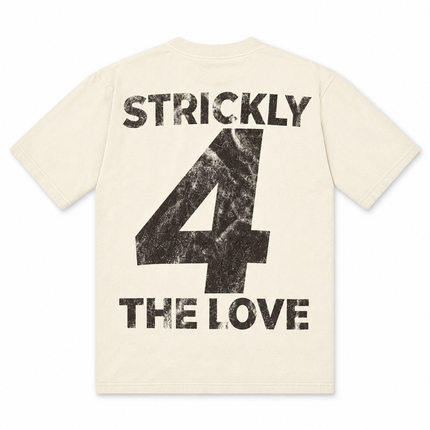 KOFL off-white cotton t-shirt featuring distressed black text that reads STRICKLY 4 THE LOVE on the back.