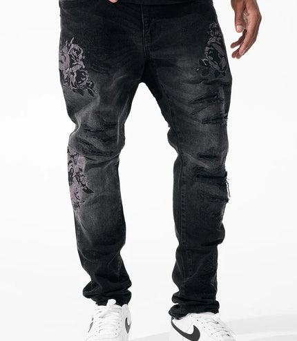 Jordan Craig Black Floral Embroidery Jeans - Black Shadow