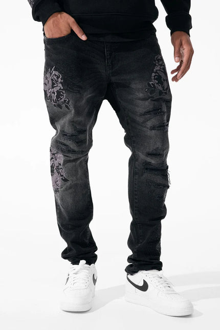 Jordan Craig Black Floral Embroidery Jeans - Black Shadow