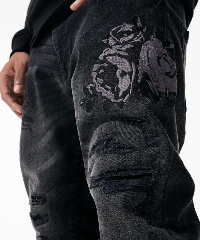 Vaqueros Jordan Craig con bordado floral negro - Sombra negra