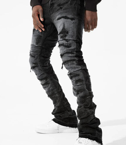 Jordan Craig  Pleated Side Seam Shredded Stacked Jean - Black Shadow